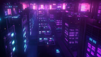 Futuristic server room bathed in vibrant neon light.  Detailed interior with rows of server racks