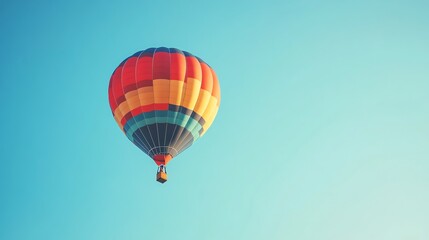 Naklejka premium A brightly colored hot air balloon floats serenely against a vibrant, clear blue sky.
