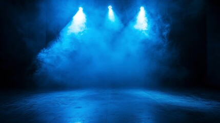 Blue spotlights illuminate smoky dark room, creating dramatic scene.