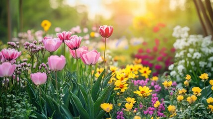 Obraz premium Vibrant Spring Garden with Mixed Colorful Tulips and Wildflowers