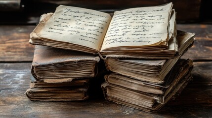 Obraz premium Vintage Books with Handwritten Pages on a Wooden Surface