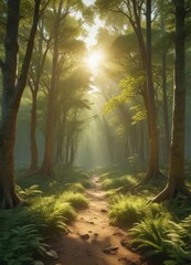 Obraz premium Golden sunlight streams through emerald canopy, illuminating dappled forest floor , leaves, landscape