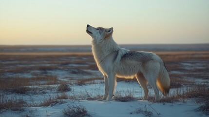 Fototapeta premium A solitary wolf stands amidst a snow-covered tundra, symbolizing resilience, solitude, wilderness, freedom, and winter's harsh beauty, as seen in the image Lone Wolf in Winter Tundra