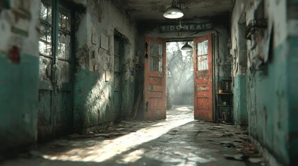 Abandoned Corridor with Peeling Paint and Sunlight Streaming Through Open Doors Urban Decay A