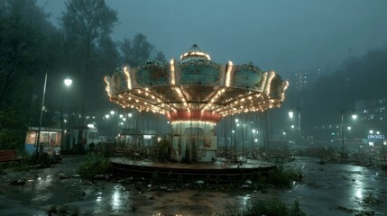 Abandoned Carousel Illuminated at Night in a Foggy Overgrown Park