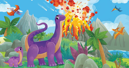 cartoon dinosaur land scene with animal dino in the jungle illustration for the children