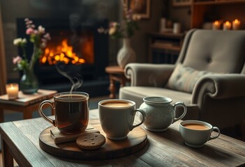 Fototapeta premium Cozy hot beverage ritual setup with coffee, cocoa, and tea