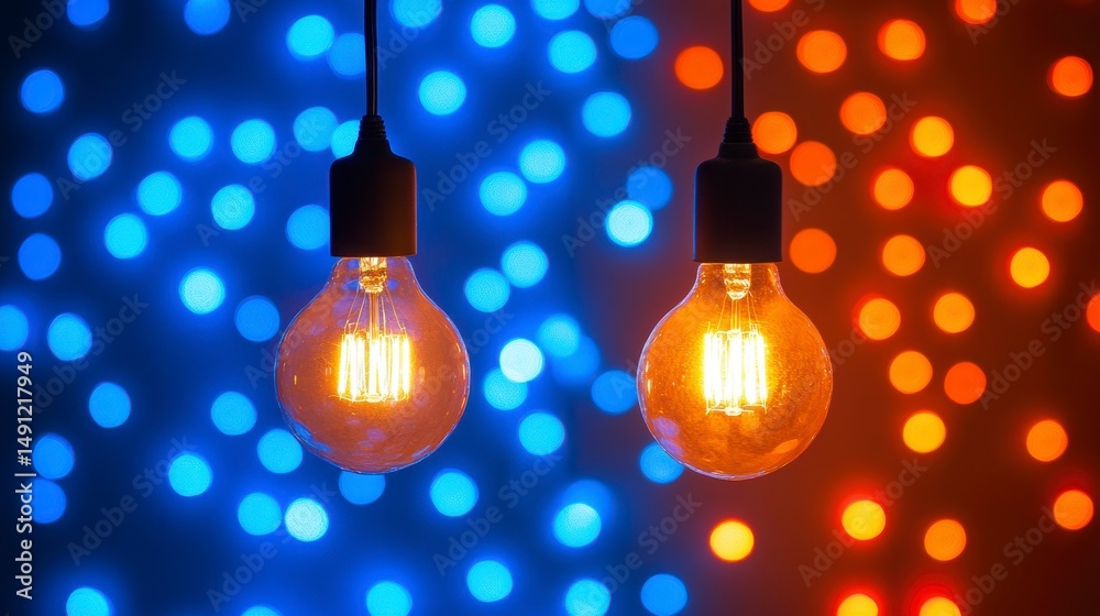 Poster two illuminated edison bulbs hang against a backdrop of blurred blue and orange bokeh lights.
