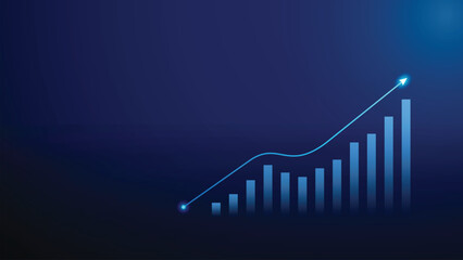 Futuristic bar chart with glowing upward arrow background. Business growth, financial success, and progress. 