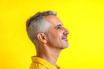 Fototapeta premium Chic men's mullet haircut - midlife arabian man with short hair. Concept art of style for aging men. Yellow solid background. A classic and stylish male with a natural smile.