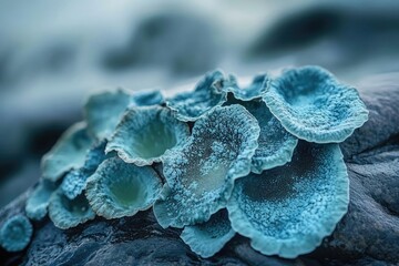 Obraz premium Close-up of vibrant blue-green lichen growing on a dark rock, showcasing intricate textures and details.