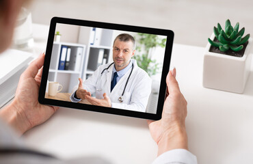 Online Doctor. Unrecognizable Lady Talking To Therapist Via Video Call On Digital Tablet While Sitting At Workplace In Modern Office, Female Patient Listening Advice From Physician, Creative Collage