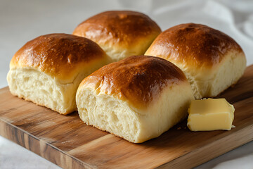 A close up shot of four golden brown rolls with a pat of butter on a wooden cutting board