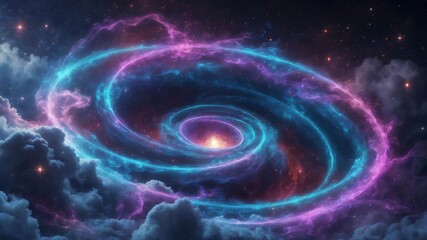 Ai-furnished abstract space wallpaper showcasing a black hole whirligig form with nebula over colorful stars and cloud fields in outer space. - Powered by Adobe
