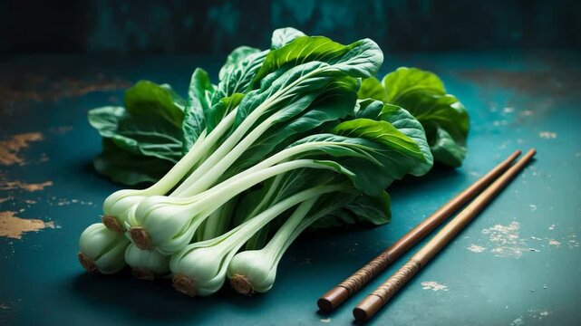 Banner showcasing cooking ingredients with pak choi and chopsticks on a dark vintage surface, text space.