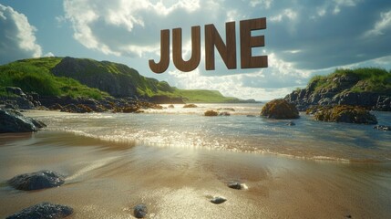 June Beach Scene with Calm Waters and Lush Green Hills Ideal for Summer Themes and Nature Phot