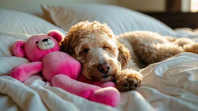 Cocapoo dog lounging on a bed snuggled against a toy