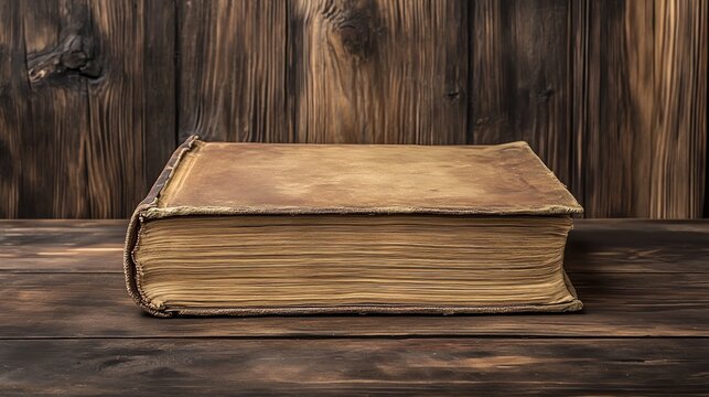 An old book rests on a dark wooden table in a dimly lit setting.