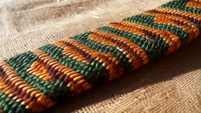 Green, Orange and Brown Striped Woven Textile Product on Burlap Fabric Backdrop
