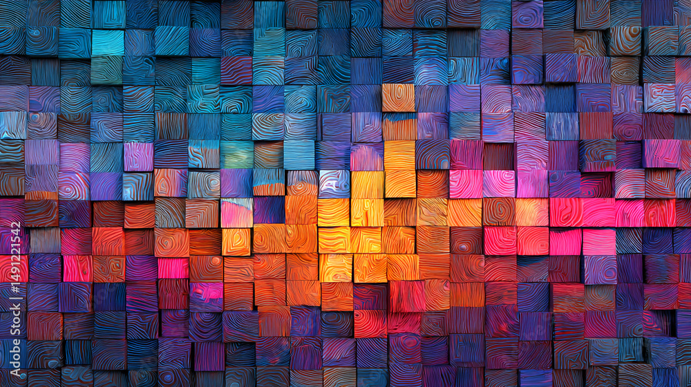 Aufkleber Abstract image of colorful square blocks, resembling wood grain texture.  Creates a vibrant, dynamic pattern, suitable for background or design element.