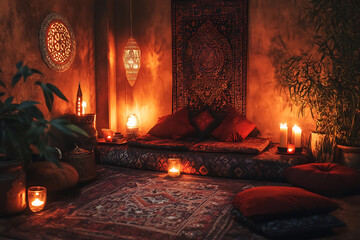 Interior room with low seating area illuminated by candles and hanging decorative lamp light