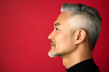Fototapeta premium A man with a soft expression in a peaceful setting. Modish men's fade haircut - midlife asian man with middle hair. Visual idea of style for aging men. Red solid background.