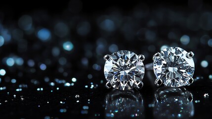 A pair of sparkling diamond earrings are displayed against a stark black background.
