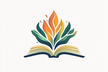 Abstract design of an open book with vibrant plant growth.