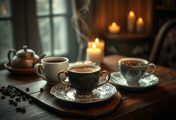 Fototapeta premium Cozy hot beverage setup with coffee, cocoa, and tea