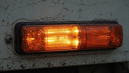 Detailed close up of a weathered trailer light cluster emitting a vibrant glow Perfect for transportation or industrial concepts