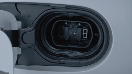 High resolution image of electric car charging port showcasing rubber gaskets and connectors with precision engineering