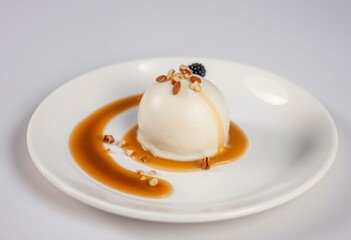 Elegant dessert plating with vanilla ice cream and caramel sauce