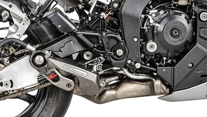 Close up of a sportbike swingarm featuring intricate welded joints vibrant decals and precise chain tension Perfect for motorcycle enthusiasts