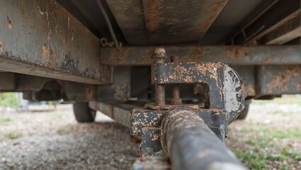 Fototapeta premium Close up of rusty trailer hitch pin and lock under utility trailer highlighting rugged durability and industrial vibe