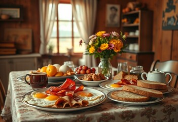 Rustic breakfast table with hearty spread