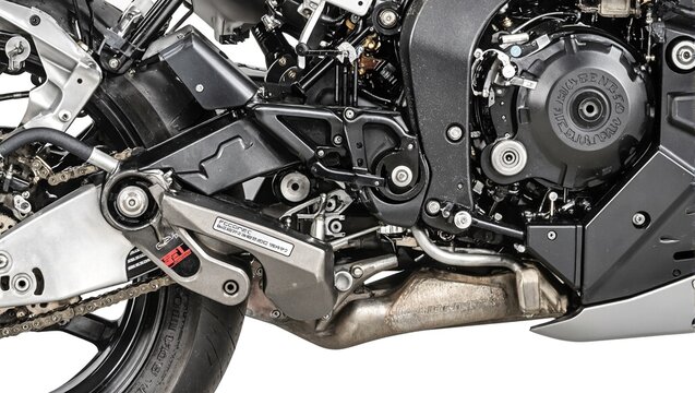 Close up of a sportbike swingarm featuring intricate welded joints vibrant decals and precise chain tension Perfect for motorcycle enthusiasts