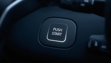 Close up of a sleek illuminated hybrid car push start button on a futuristic dashboard in soft white light
