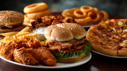 Fast food diet concept served on a plate of greasy fried take out as onion rings burger and hot dogs with fried chicken french fries and pizza as a symbol of compulsive overeating and dieting.