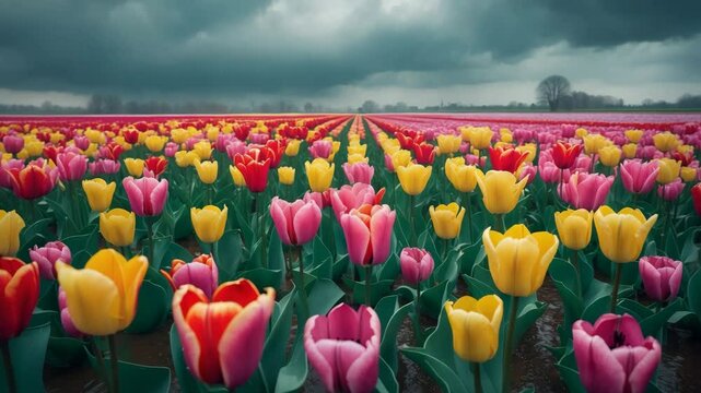 A videograph showcasing the beautiful tulip fields amidst a gloomy, rainy day, teeming with colorful blooms.