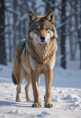 Naklejka premium Magnificent Eurasian wolf emerges from snow, powerful stance displayed , powerful, natural habitat, wildlife