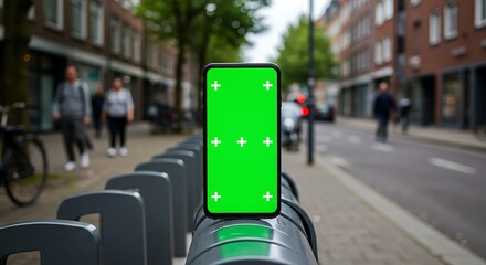 Smartphone mockup on bike racks city street