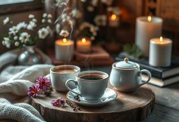 Cozy hot beverage setup with steaming cups