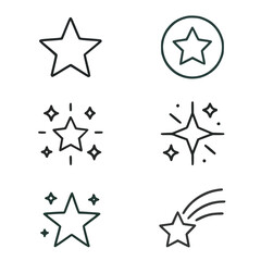 Minimalist set of star and sparkle icon illustrations with different designs including shooting star , multiple sparkles, outlined in simple line style. Concept of shine, magic, celestial inspiration.