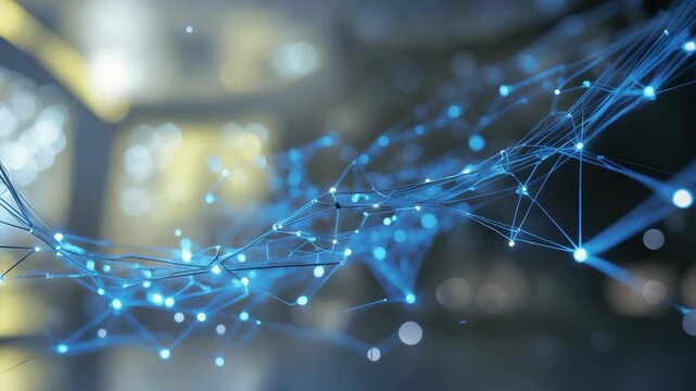 Abstract digital background featuring AI letters and network connections on a blue color scheme