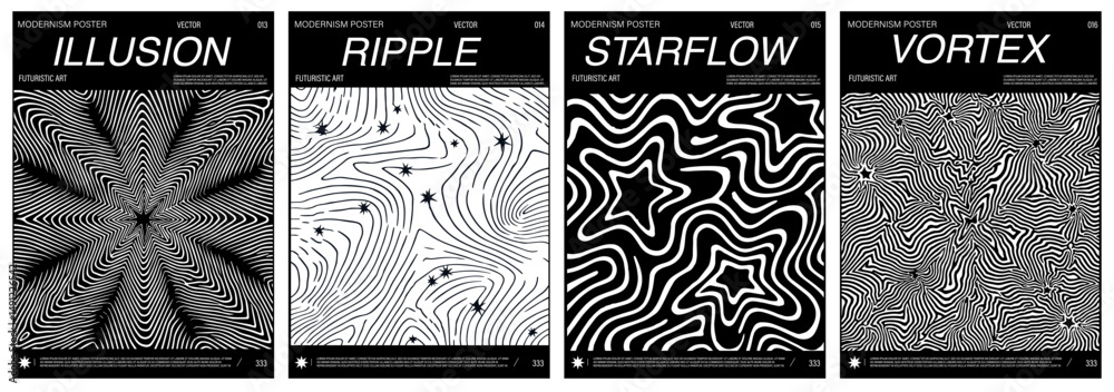 Poster set of four modern posters with black and white abstract line art, creating optical illusions, waves