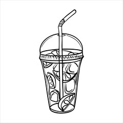 Cold lemonade sketch. Plastic glass of cold lemonade with ice and lemon slices. Cold drink to go outline drawing painted by black inks. Mojito cocktail hand drawn vector Outline line illustration