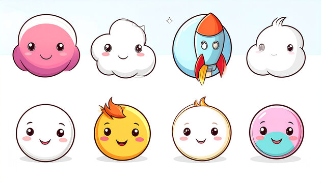 Eight adorable cartoon characters, including clouds, a rocket, and round, smiling figures in pastel colors, displayed against a light blue background