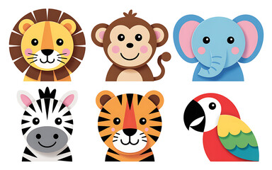 Set of 6 adorable jungle animal faces in paper cutout collage style &ndash; lion, monkey, elephant, tiger, zebra, and parrot