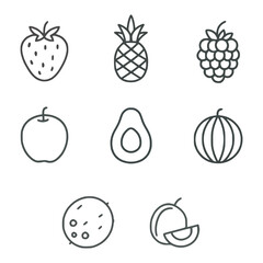 Collection of fruit outline icons including strawberry, pineapple, raspberry, apple, avocado, melon, coconut, and peach, shown in a clean minimal line style. Concept of tropical nutrition  