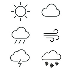 Weather icon set in outline style showing sun, cloud, rain, wind, lightning, and snow, each depicted in a minimal and clean design. Concept of climate, forecast, and seasonal changes.
